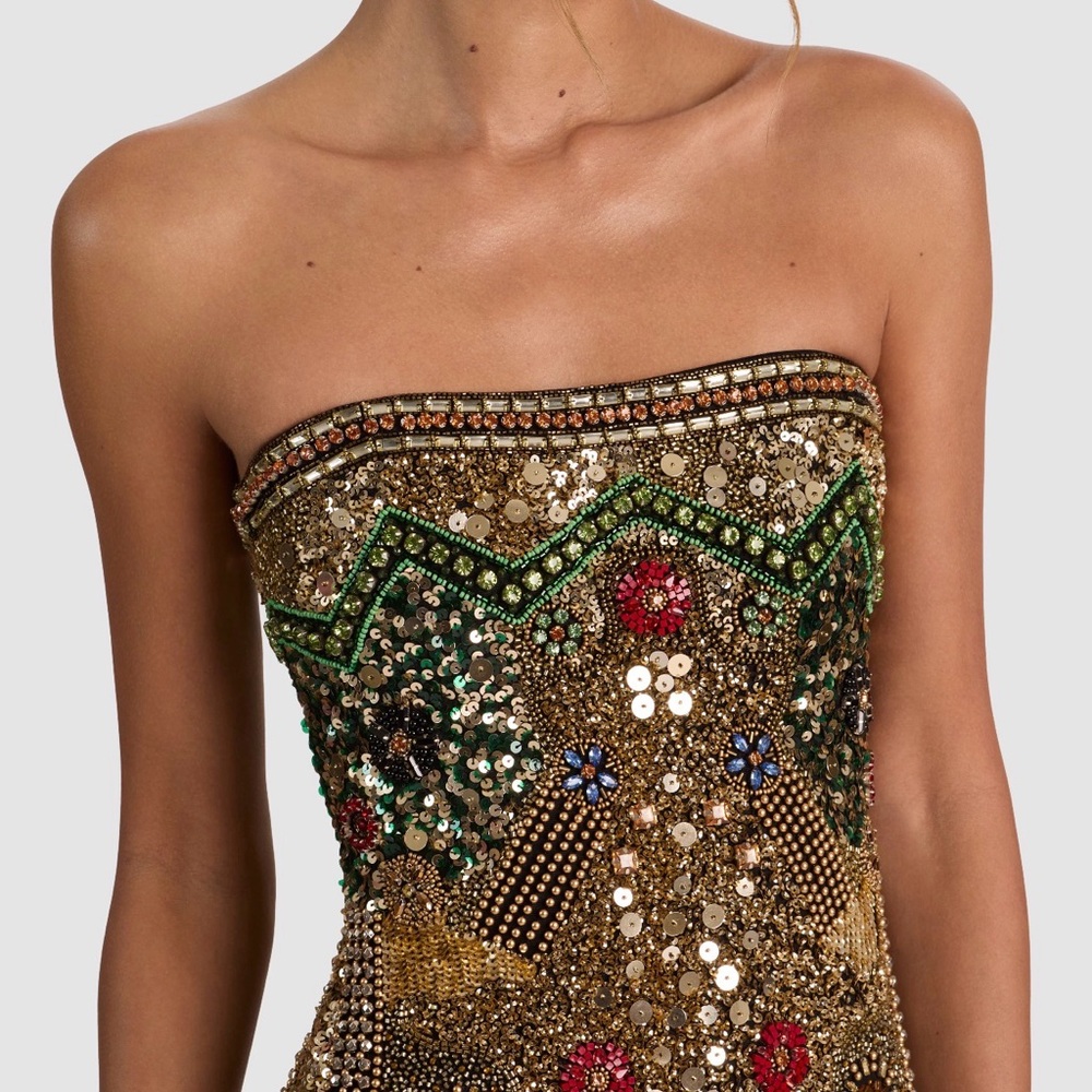 Alice + Olivia Gold DELORA EMBELLISHED STRAPLESS GOWN - Picture 2 of 5